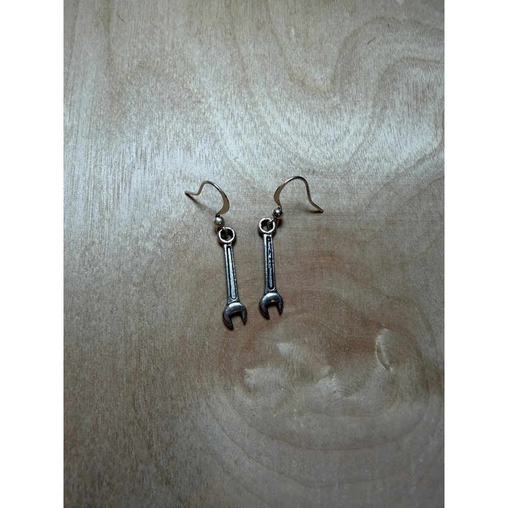 Silver Tone Wrench Dangle Earrings Novelty Mechanical Tool Jewelry Industrial